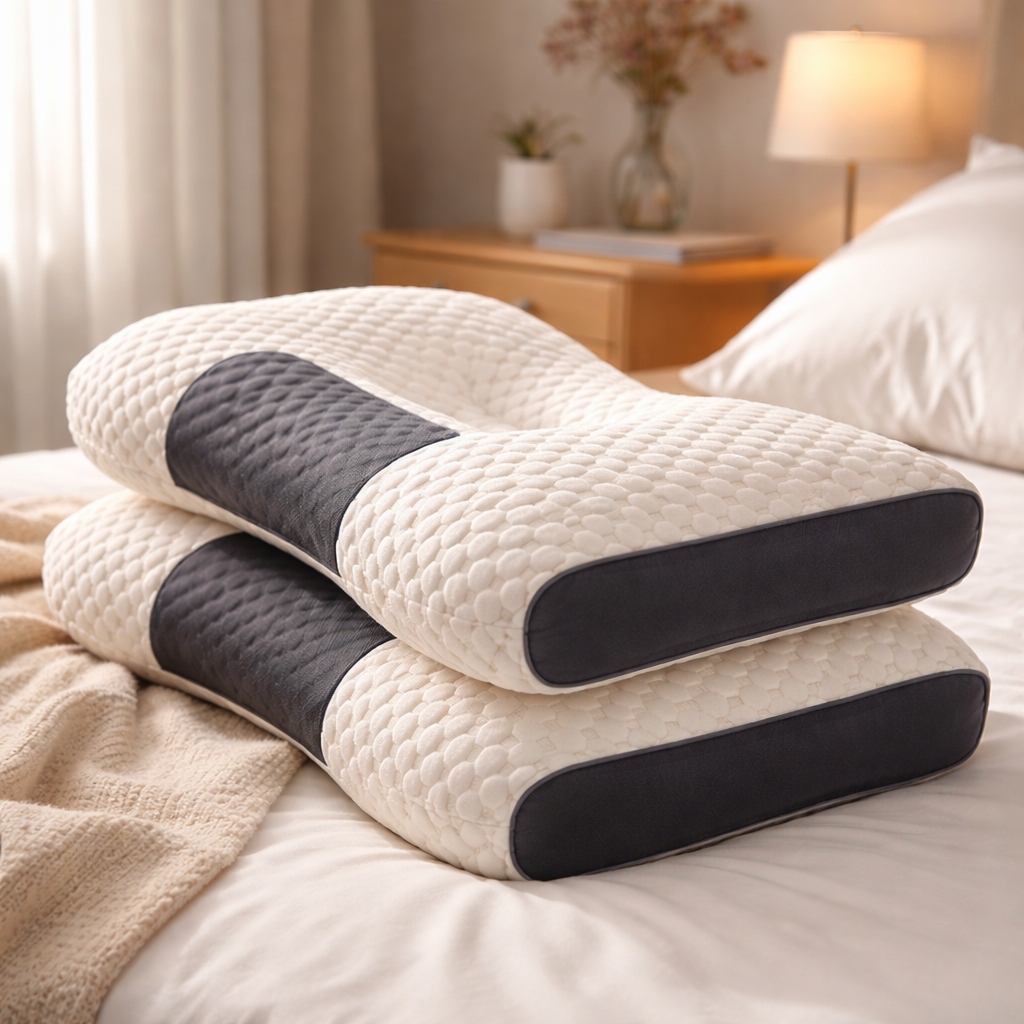 Oreiller cervical orthopédique en fibre de soja, idéal pour un sommeil réparateur.