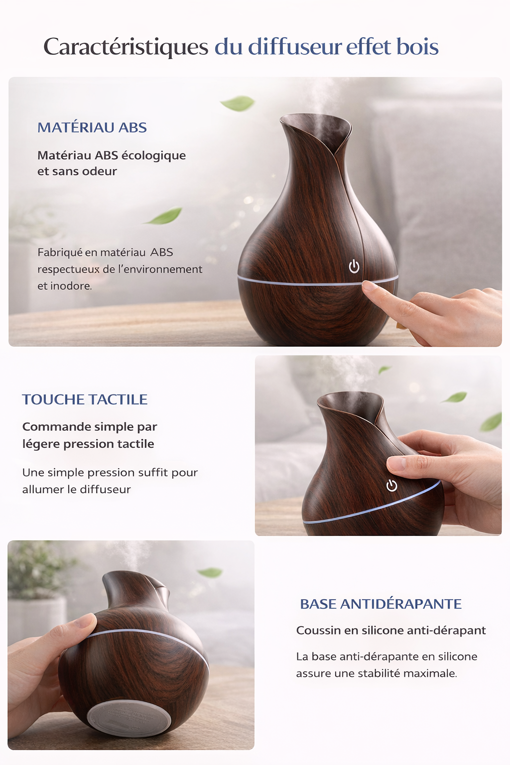 Mini humidificateur ultrasonique portable effet bois.