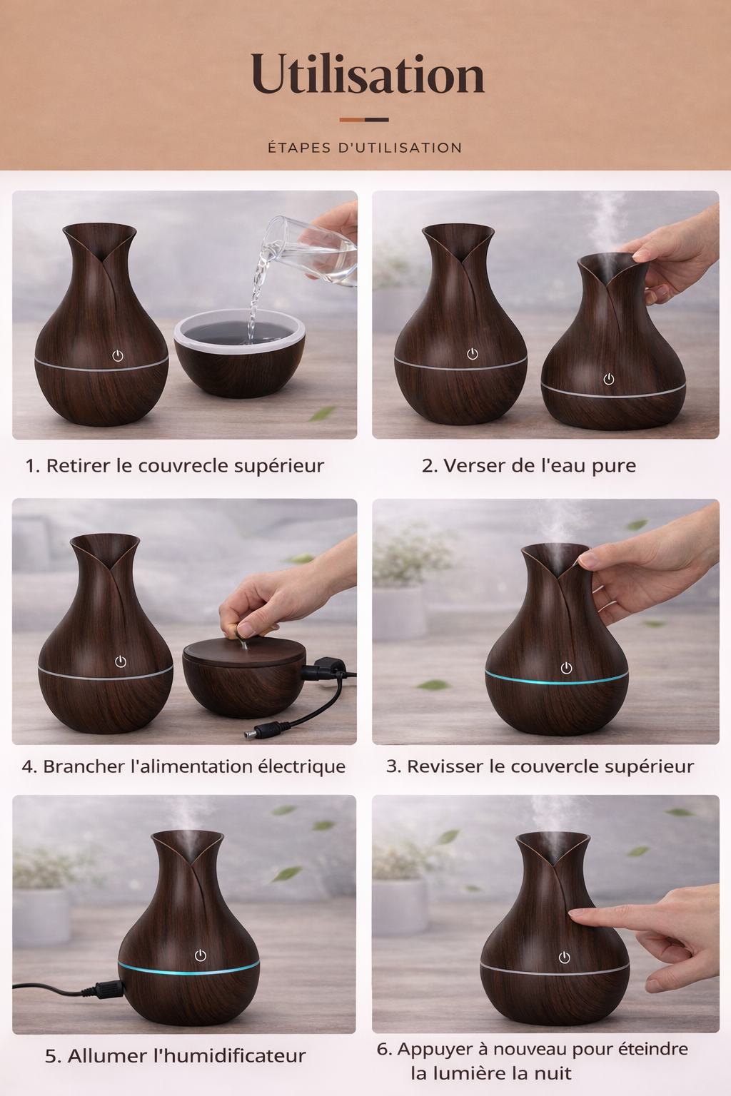 Mini humidificateur ultrasonique portable effet bois.